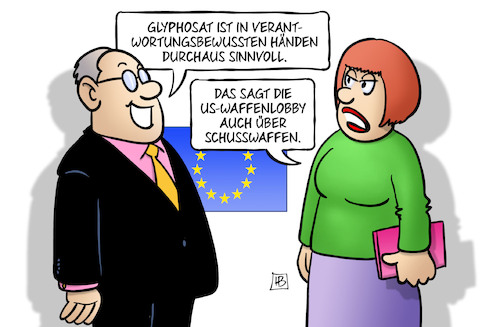 Cartoon: EU und Glyphosat (medium) by Harm Bengen tagged glyphosat,lobbyist,europa,zulassung,verlängerung,verbot,usa,waffenlobby,schusswaffen,gift,harm,bengen,cartoon,karikatur,glyphosat,lobbyist,europa,zulassung,verlängerung,verbot,usa,waffenlobby,schusswaffen,gift,harm,bengen,cartoon,karikatur