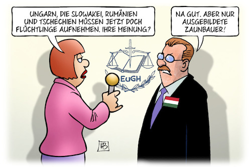 Cartoon: EuGH zu Flüchtlingen (medium) by Harm Bengen tagged eugh,urteil,europäischer,gerichtshof,ungarn,slowakei,rumänien,tschechien,flüchtlinge,aufnehmen,interview,zaunbauer,harm,bengen,cartoon,karikatur,eugh,urteil,europäischer,gerichtshof,ungarn,slowakei,rumänien,tschechien,flüchtlinge,aufnehmen,interview,zaunbauer,harm,bengen,cartoon,karikatur