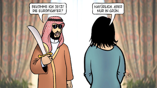 Cartoon: Eurofighter für Saudis (medium) by Harm Bengen tagged eurofighter,grüne,baerbock,waffenlieferungen,saudi,arabien,rüstung,harm,bengen,cartoon,karikatur,eurofighter,grüne,baerbock,waffenlieferungen,saudi,arabien,rüstung,harm,bengen,cartoon,karikatur