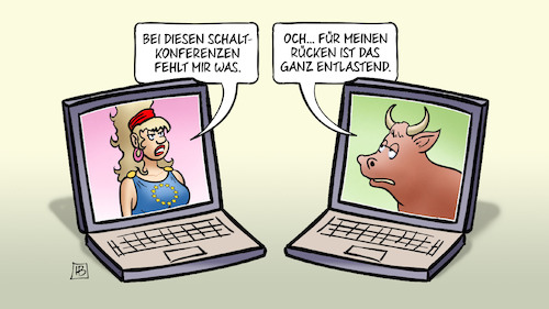 Cartoon: Europa-Schaltkonferenz (medium) by Harm Bengen tagged schaltkonferenzen,rücken,entlastend,stier,europa,videokonferenz,laptops,abstand,computer,internet,corona,coronavirus,ansteckung,pandemie,epidemie,krankheit,schaden,harm,bengen,cartoon,karikatur,schaltkonferenzen,rücken,entlastend,stier,europa,videokonferenz,laptops,abstand,computer,internet,corona,coronavirus,ansteckung,pandemie,epidemie,krankheit,schaden,harm,bengen,cartoon,karikatur