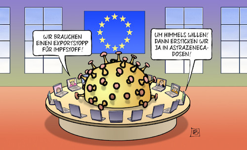 Cartoon: Exportstopp Impfstoff (medium) by Harm Bengen tagged exportstopp,impfstoff,astrazeneca,dosen,eu,europa,videokonferenz,gipfel,harm,bengen,cartoon,karikatur,exportstopp,impfstoff,astrazeneca,dosen,eu,europa,videokonferenz,gipfel,harm,bengen,cartoon,karikatur