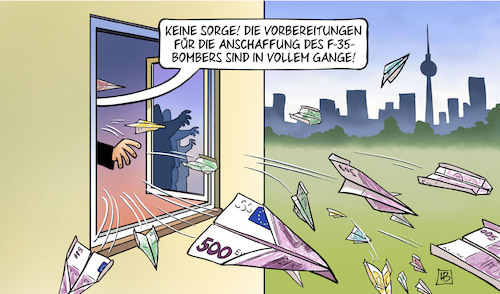 Cartoon: F-35-Anschaffung (medium) by Harm Bengen tagged anschaffung,f35,bomber,fenster,geld,rauswerfen,rüstung,luftwaffe,bundeswehr,lambrecht,krieg,harm,bengen,cartoon,karikatur,anschaffung,f35,bomber,fenster,geld,rauswerfen,rüstung,luftwaffe,bundeswehr,lambrecht,krieg,harm,bengen,cartoon,karikatur