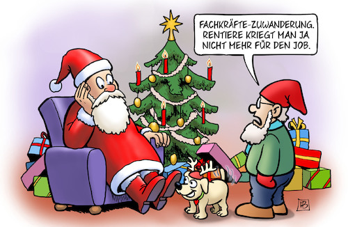 Cartoon: Fachkräfte-Zuwanderung (medium) by Harm Bengen tagged fachkräfte,zuwanderungsgesetz,einwanderung,migration,rentiere,job,weihnachten,weihnachtsmann,wichtel,hund,harm,bengen,cartoon,karikatur,fachkräfte,zuwanderungsgesetz,einwanderung,migration,rentiere,job,weihnachten,weihnachtsmann,wichtel,hund,harm,bengen,cartoon,karikatur