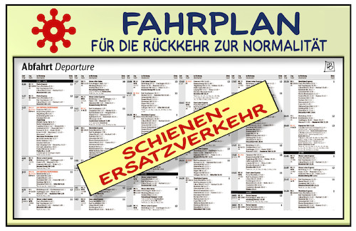 Cartoon: Fahrplan zur Normalität (medium) by Harm Bengen tagged fahrplan,rückkehr,zur,normalität,schienenersatzverkehr,corona,coronavirus,ansteckung,pandemie,epidemie,krankheit,schaden,harm,bengen,cartoon,karikatur,fahrplan,rückkehr,zur,normalität,schienenersatzverkehr,corona,coronavirus,ansteckung,pandemie,epidemie,krankheit,schaden,harm,bengen,cartoon,karikatur