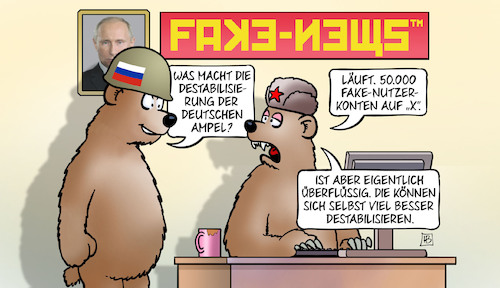 Cartoon: Fake-Konten auf X (medium) by Harm Bengen tagged destabilisierung,ampel,fake,nutzerkonten,twitter,russland,bären,computer,helm,internet,krieg,harm,bengen,cartoon,karikatur,destabilisierung,ampel,fake,nutzerkonten,twitter,russland,bären,computer,helm,internet,krieg,harm,bengen,cartoon,karikatur