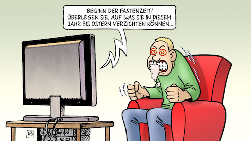 Cartoon: Fastenzeit 2021 (medium) by Harm Bengen tagged beginn,fastenzeit,ostern,verzichten,entbehrungen,wut,tv,sessel,corona,harm,bengen,cartoon,karikatur,beginn,fastenzeit,ostern,verzichten,entbehrungen,wut,tv,sessel,corona,harm,bengen,cartoon,karikatur