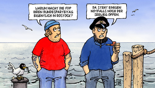 Cartoon: FDP in Rostock (medium) by Harm Bengen tagged fdp,parteitag,partei,bundesparteitag,führung,wahl,abwahl,abstimmung,westerwelle,rösler,homburger,brüderle,koch,mehrin,doktorarbeit,see,seeweg,schiff,flucht,rostock,ostsee,hafen,matrose,seemann,möwe,fdp,parteitag,partei,bundesparteitag,führung,wahl,abstimmung,westerwelle,rösler,homburger,brüderle,koch,mehrin,doktorarbeit,see,seeweg,schiff,flucht,rostock,seemann,matrose