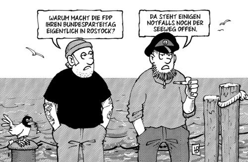 Cartoon: FDP in Rostock (medium) by Harm Bengen tagged fdp,parteitag,partei,bundesparteitag,führung,wahl,abstimmung,westerwelle,rösler,homburger,brüderle,koch,mehrin,doktorarbeit,see,seeweg,schiff,flucht,rostock,seemann,matrose