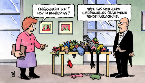 Cartoon: Fehdehandschuh (medium) by Harm Bengen tagged fehdehandschuh,streit,koalition,regierung,außenminister,westerwelle,handschuh,bundestag,generaldebatte,merkel,entschuldigung,hartz,sozialetat,streit,koalition,regierung,guido westerwelle,angela merkel,bundestag,handschuh,hartz,sozialetat,entschuldigung,arbeit,job,guido,westerwelle,angela,merkel