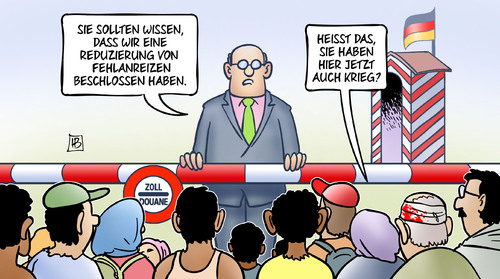 Cartoon: Fehlanreize (medium) by Harm Bengen tagged reduzierung,fehlanreize,krieg,grenze,asylrechtsverschärfung,syrien,sachleistungen,flüchtlinge,asyl,harm,bengen,cartoon,karikatur,reduzierung,fehlanreize,krieg,grenze,asylrechtsverschärfung,syrien,sachleistungen,flüchtlinge,asyl,harm,bengen,cartoon,karikatur