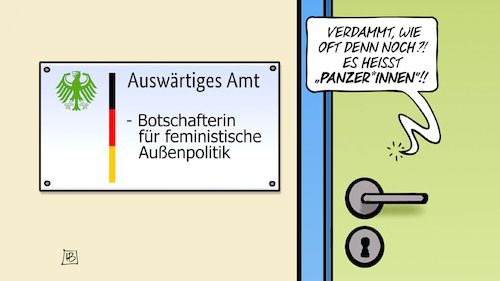 Cartoon: Feministische Botschafterin (medium) by Harm Bengen tagged botschafterin,feministische,aussenpolitik,auswärtiges,amt,aussenministerium,baerbock,tuer,panzer,krieg,ukraine,russland,harm,bengen,cartoon,karikatur,botschafterin,feministische,aussenpolitik,auswärtiges,amt,aussenministerium,baerbock,tuer,panzer,krieg,ukraine,russland,harm,bengen,cartoon,karikatur