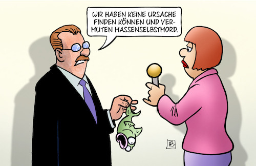 Cartoon: Fisch-Suizid (medium) by Harm Bengen tagged fisch,suizid,fischsterben,oder,fluss,chemie,ursache,interview,massenselbstmord,harm,bengen,cartoon,karikatur,fisch,suizid,fischsterben,oder,fluss,chemie,ursache,interview,massenselbstmord,harm,bengen,cartoon,karikatur