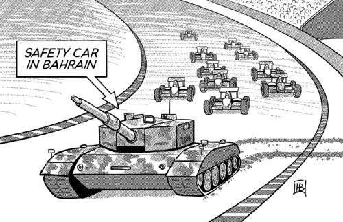 Cartoon: Formel 1 in Bahrain (medium) by Harm Bengen tagged formel eins,bahrain,autorennen,saudi arabien,panzer,volksaufstand,revolution,arabischer frühling,formel,eins,saudi,arabien,arabischer,frühling