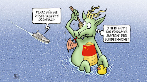 Cartoon: Fregatte Bayern (medium) by Harm Bengen tagged akk,kramp,karrenbauer,kriegsschiff,meer,china,drache,baden,regelbasierte,ordnung,indopazifik,fregatte,bayern,bundesmarine,harm,bengen,cartoon,karikatur,akk,kramp,karrenbauer,kriegsschiff,meer,china,drache,baden,regelbasierte,ordnung,indopazifik,fregatte,bayern,bundesmarine,harm,bengen,cartoon,karikatur