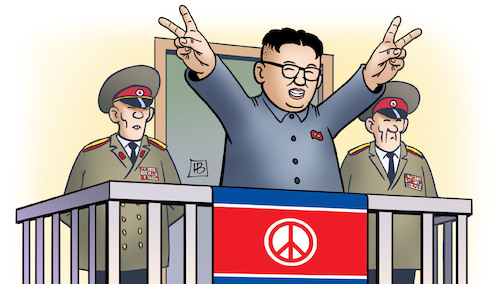 Cartoon: Friedens-Kim (medium) by Harm Bengen tagged peace,kim,jong,un,nordkorea,frieden,atomwaffen,usa,harm,bengen,cartoon,karikatur,peace,kim,jong,un,nordkorea,frieden,atomwaffen,usa,harm,bengen,cartoon,karikatur