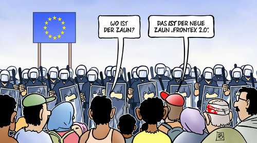 Cartoon: Frontex 2.0 (medium) by Harm Bengen tagged zaun,frontex,eu,europa,fluechtlinge,flucht,grenze,sicherung,polizei,harm,bengen,cartoon,karikatur,zaun,frontex,eu,europa,fluechtlinge,flucht,grenze,sicherung,polizei,harm,bengen,cartoon,karikatur