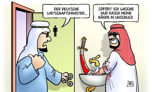 Cartoon: Gabriel in Arabien (medium) by Harm Bengen tagged deutscher,wirtschaftsminister,gabriel,waschen,haende,unschuld,blut,saebel,saudi,arabien,abu,dhabi,katar,menschenrechte,waffenexporte,harm,bengen,cartoon,karikatur,deutscher,wirtschaftsminister,gabriel,waschen,haende,unschuld,blut,saebel,saudi,arabien,abu,dhabi,katar,menschenrechte,waffenexporte,harm,bengen,cartoon,karikatur