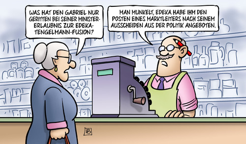 Cartoon: Gabriel und Edeka (medium) by Harm Bengen tagged gabriel,wirtschaftsminister,kartellamt,ministererlaubnis,edeka,kaisers,tengelmann,fusion,supermarkt,einzelhandel,marktleiter,politik,bestechung,angebot,susemil,harm,bengen,cartoon,karikatur,gabriel,wirtschaftsminister,kartellamt,ministererlaubnis,edeka,kaisers,tengelmann,fusion,supermarkt,einzelhandel,marktleiter,politik,bestechung,angebot,susemil,harm,bengen,cartoon,karikatur