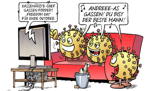 Cartoon: Gassens Freedom Day (medium) by Harm Bengen tagged kassenärzte,chef,gassen,freedom,day,oktober,gesang,noten,viren,corona,sofa,tv,harm,bengen,cartoon,karikatur,kassenärzte,chef,gassen,freedom,day,oktober,gesang,noten,viren,corona,sofa,tv,harm,bengen,cartoon,karikatur