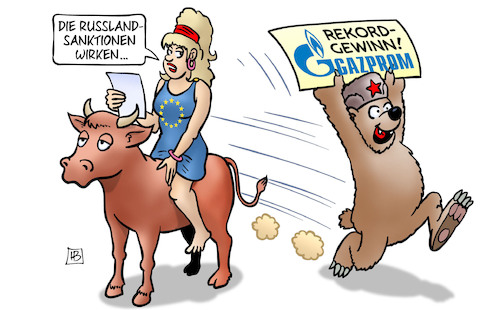 Cartoon: Gazprom-Rekordgewinn (medium) by Harm Bengen tagged sanktionen,gazprom,rekordgewinn,eu,europa,stier,bär,krieg,ukraine,russland,harm,bengen,cartoon,karikatur,sanktionen,gazprom,rekordgewinn,eu,europa,stier,bär,krieg,ukraine,russland,harm,bengen,cartoon,karikatur