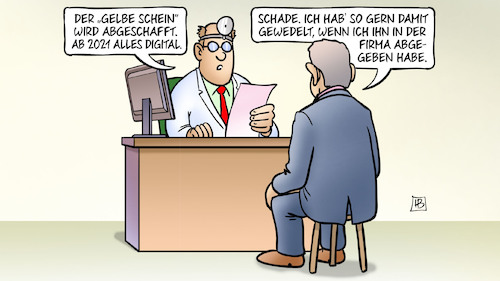 Cartoon: Gelber Schein (medium) by Harm Bengen tagged bürokratieentlastungsgesetz,krankschreibung,krankenschein,gelber,schein,arzt,patient,digital,analog,harm,bengen,cartoon,karikatur,bürokratieentlastungsgesetz,krankschreibung,krankenschein,gelber,schein,arzt,patient,digital,analog,harm,bengen,cartoon,karikatur