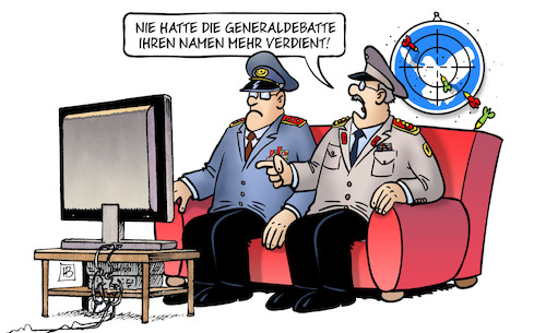 Cartoon: Generaldebatte und Krieg (medium) by Harm Bengen tagged generaldebatte,namen,militär,generäle,general,sofa,tv,friedenstaube,dartscheibe,russland,ukraine,krieg,harm,bengen,cartoon,karikatur,generaldebatte,namen,militär,generäle,general,sofa,tv,friedenstaube,dartscheibe,russland,ukraine,krieg,harm,bengen,cartoon,karikatur