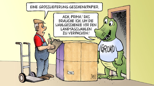 Cartoon: Geschenkpapier (medium) by Harm Bengen tagged grosslieferung,geschenkpapier,groko,wahlgeschenke,landtagswahlen,verpacken,sackkarre,harm,bengen,cartoon,karikatur,grosslieferung,geschenkpapier,groko,wahlgeschenke,landtagswahlen,verpacken,sackkarre,harm,bengen,cartoon,karikatur