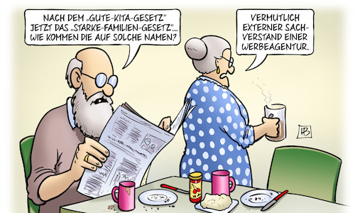 Cartoon: Gesetzesnamen (medium) by Harm Bengen tagged gesetzesnamen,gute,kita,gesetz,starke,familien,namen,externer,sachverstand,werbeagentur,susemil,harm,bengen,cartoon,karikatur,gesetzesnamen,gute,kita,gesetz,starke,familien,namen,externer,sachverstand,werbeagentur,susemil,harm,bengen,cartoon,karikatur