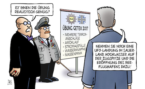 Cartoon: Getex 2017 (medium) by Harm Bengen tagged übung,getex,2017,terroranschläge,amoklauf,stromausfall,wasserknappheit,massenpanik,realistisch,demaiziere,ufo,hochwasser,zugspitze,eröffnung,ber,flughafen,polizei,bundeswehr,harm,bengen,cartoon,karikatur,übung,getex,2017,terroranschläge,amoklauf,stromausfall,wasserknappheit,massenpanik,realistisch,demaiziere,ufo,hochwasser,zugspitze,eröffnung,ber,flughafen,polizei,bundeswehr,harm,bengen,cartoon,karikatur