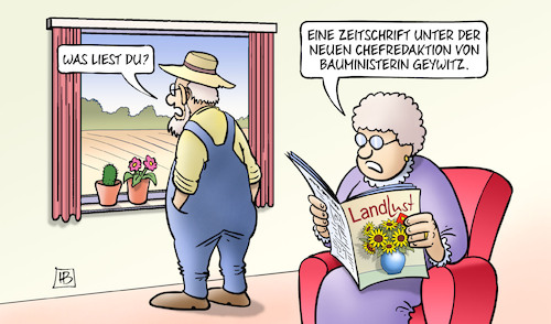 Cartoon: Geywitz-Landlust (medium) by Harm Bengen tagged lesen,zeitschrift,chefredaktion,bauministerin,geywitz,stadt,land,wohnraum,wohnen,bauer,harm,bengen,cartoon,karikatur,lesen,zeitschrift,chefredaktion,bauministerin,geywitz,stadt,land,wohnraum,wohnen,bauer,harm,bengen,cartoon,karikatur