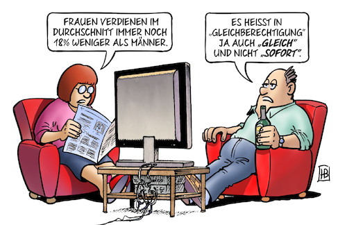 Cartoon: Gleich-Berechtigung (medium) by Harm Bengen tagged frauen,verdienst,lohn,gender,pay,gap,gleichberechtigung,sofort,mann,tv,harm,bengen,cartoon,karikatur,frauen,verdienst,lohn,gender,pay,gap,gleichberechtigung,sofort,mann,tv,harm,bengen,cartoon,karikatur