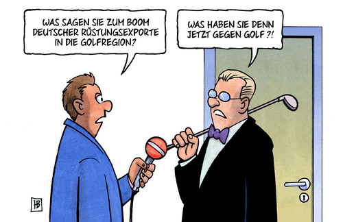 Cartoon: Golfregion (medium) by Harm Bengen tagged arabien,saudi,panzer,rüstungsexporte,rekord,deutschland,waffenexporte,sport,golf,karikatur,cartoon,bengen,harm,bundesregierung,rösler,merkel,bundeswirtschaftsministeriums,ausfuhrgenehmigungen,oman,kuwait,bahrain,katar,golfregion,golfregion,golf,sport,waffenexporte,deutschland,rekord,rüstungsexporte,panzer,saudi,arabien,katar,bahrain,kuwait,oman,ausfuhrgenehmigungen,bundeswirtschaftsministeriums,merkel,rösler,bundesregierung,harm,bengen,cartoon,karikatur