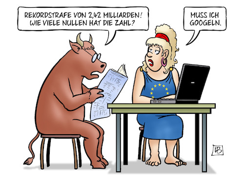 Cartoon: Google-Rekordstrafe (medium) by Harm Bengen tagged rekordstrafe,milliarden,nullen,zahl,google,googeln,eu,europa,wettbewerbsbehörde,online,shopping,stier,laptop,harm,bengen,cartoon,karikatur,rekordstrafe,milliarden,nullen,zahl,google,googeln,eu,europa,wettbewerbsbehörde,online,shopping,stier,laptop,harm,bengen,cartoon,karikatur