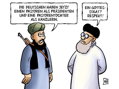 Cartoon: Gottesstaat (medium) by Harm Bengen tagged gottesstaat,taliban,islamisten,radikal,pastor,kirche,pastorentochter,merkel,bundeskanzlerin,bundespräsident,gottesstaat,islamisten,taliban,radikal,pastor,kirche,merkel,bundeskanzlerin