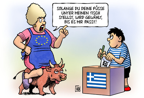 Cartoon: Griechenland Neuwahlen (medium) by Harm Bengen tagged griechenland,neuwahlen,wahlen,spardiktat,europa,troika,iwf,ezb,stier,euro,kredite,hilfe,zahlungen,fuesse,tisch,mutter,sohn,kind,griechenland,neuwahlen,wahlen,spardiktat,europa,troika,iwf,ezb,stier,euro,kredite,hilfe,zahlungen