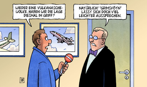 Cartoon: Grimsvötn (medium) by Harm Bengen tagged grimsvötn,vulkan,ausbruch,ausbrechen,island,wolke,aschewolke,asche,vulkanasche,flug,flugverkehr,flughafen,luftraum,sperrung,verkehrsminister,ramsauer,bundesregierung,aussprache,reporter,interview,vulkan,ausbruch,ausbrechen,island,wolke,aschewolke,grimsvötn,vulkanasche,flug,flugverkehr,flughafen,luftraum,verkehrsminister,ramsauer,sperrung,reporter