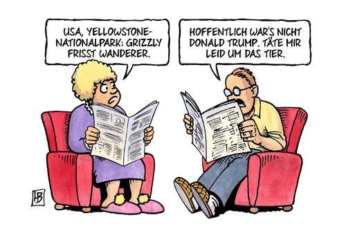 Cartoon: Grizzly (medium) by Harm Bengen tagged donald,trump,wahl,usa,republikaner,kandidat,praesidentschaft,grizzly,frisst,wanderer,yellowstone,nationalpark,tier,mitleid,zeitung,harm,bengen,cartoon,karikatur,donald,trump,wahl,usa,republikaner,kandidat,praesidentschaft,grizzly,frisst,wanderer,yellowstone,nationalpark,tier,mitleid,zeitung,harm,bengen,cartoon,karikatur