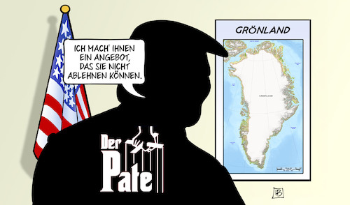Cartoon: Grönland-Angebot (medium) by Harm Bengen tagged pate,mafia,landkarte,angebot,grönland,fahne,trump,usa,imperialismus,harm,bengen,cartoon,karikatur,pate,mafia,landkarte,angebot,grönland,fahne,trump,usa,imperialismus,harm,bengen,cartoon,karikatur