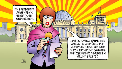 Cartoon: Groko-Fahne (medium) by Harm Bengen tagged fahne,anarchie,reichstag,grokodil,reporterin,groko,verhandlungen,union,spd,harm,bengen,cartoon,karikatur,fahne,anarchie,reichstag,grokodil,reporterin,groko,verhandlungen,union,spd,harm,bengen,cartoon,karikatur