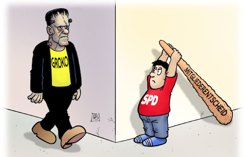 Cartoon: Groko vs. Mitgliederentscheid (medium) by Harm Bengen tagged mitgliederentscheid,spd,frankenstein,monster,groko,verhandlungen,jusos,keule,überfall,harm,bengen,cartoon,karikatur,mitgliederentscheid,spd,frankenstein,monster,groko,verhandlungen,jusos,keule,überfall,harm,bengen,cartoon,karikatur