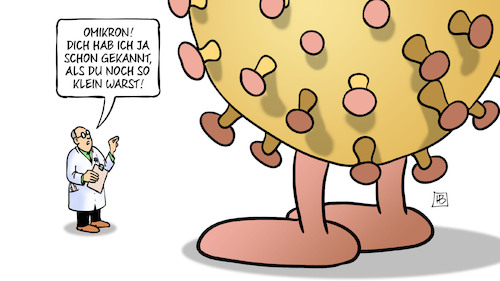 Cartoon: Groß geworden (medium) by Harm Bengen tagged omikron,gross,grösse,wissenschaftler,mutation,riese,corona,harm,bengen,cartoon,karikatur,omikron,gross,grösse,wissenschaftler,mutation,riese,corona,harm,bengen,cartoon,karikatur