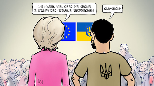 Cartoon: Grüne Ukraine (medium) by Harm Bengen tagged pressekonferenz,zukunft,olivgrün,selenskyj,von,der,leyen,vdl,eu,europa,gipfel,krieg,ukraine,russland,harm,bengen,cartoon,karikatur,pressekonferenz,zukunft,olivgrün,selenskyj,von,der,leyen,vdl,eu,europa,gipfel,krieg,ukraine,russland,harm,bengen,cartoon,karikatur