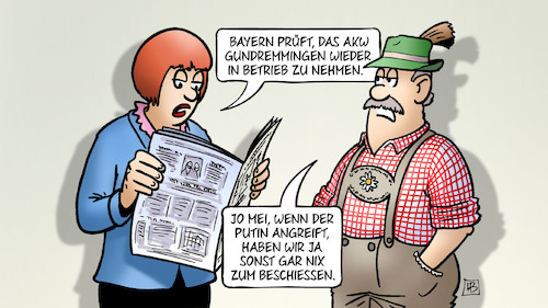 Cartoon: Gundremmingen (medium) by Harm Bengen tagged bayern,akw,atomkraftwerk,kernkraftwerk,gundremmingen,putin,zeitung,lesen,russland,ukraine,krieg,einmarsch,angriff,harm,bengen,cartoon,karikatur,bayern,akw,atomkraftwerk,kernkraftwerk,gundremmingen,putin,zeitung,lesen,russland,ukraine,krieg,einmarsch,angriff,harm,bengen,cartoon,karikatur