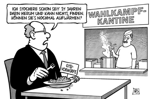 Cartoon: Gysi-Vorwürfe (medium) by Harm Bengen tagged gysi,vorwürfe,stasi,ddr,linke,pds,sed,wahlkampf,kantine,harm,bengen,cartoon,karikatur
