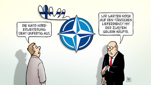 Cartoon: Halbe Norderweiterung (medium) by Harm Bengen tagged nato,norderweiterung,unfertig,tuerkei,lieferdienst,geweih,schweden,finland,elch,uhrzeit,harm,bengen,cartoon,karikatur,nato,norderweiterung,unfertig,tuerkei,lieferdienst,geweih,schweden,finland,elch,uhrzeit,harm,bengen,cartoon,karikatur