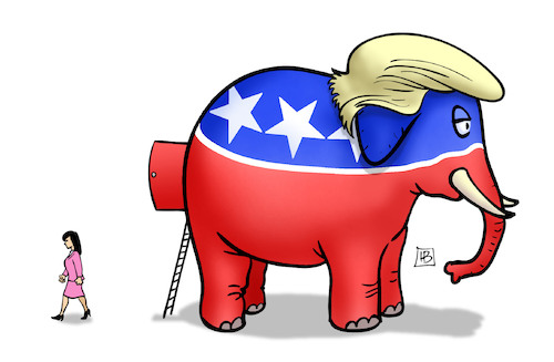 Cartoon: Haley steigt aus (medium) by Harm Bengen tagged haley,gop,vorwahlen,usa,trump,elefant,harm,bengen,cartoon,karikatur,haley,gop,vorwahlen,usa,trump,elefant,harm,bengen,cartoon,karikatur