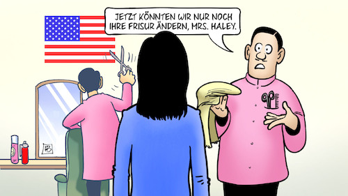 Cartoon: Haleys Chance (medium) by Harm Bengen tagged frisör,frisur,haley,trump,perücke,usa,wahlkampf,republikaner,harm,bengen,cartoon,karikatur,frisör,frisur,haley,trump,perücke,usa,wahlkampf,republikaner,harm,bengen,cartoon,karikatur