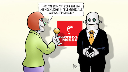 Cartoon: Hannover-Messe 2023 (medium) by Harm Bengen tagged menschliche,künstliche,intelligenz,ki,auslaufmodell,roboter,interview,hannover,messe,arbeitsplatz,harm,bengen,cartoon,karikatur,menschliche,künstliche,intelligenz,ki,auslaufmodell,roboter,interview,hannover,messe,arbeitsplatz,harm,bengen,cartoon,karikatur