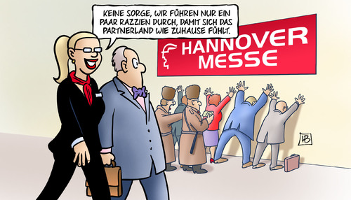 Cartoon: Hannovermesse Partnerland (medium) by Harm Bengen tagged hannovermesse,hannover,messe,partnerland,gastland,deutschland,russland,putin,merkel,menschenrechte,razzia,razzien,demokratie,unterdrückung,harm,bengen,cartoon,karikatur,hannovermesse,hannover,messe,partnerland,gastland,deutschland,russland,putin,merkel,menschenrechte,razzia,razzien,demokratie,unterdrückung,harm,bengen,cartoon,karikatur