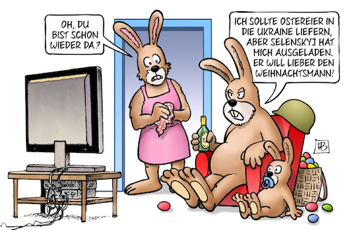 Cartoon: Hase vs. Weihnachtsmann (medium) by Harm Bengen tagged osterhase,ostern,ostereier,selenskyj,ausgeladen,tv,weihnachtsmann,stahhelm,russland,ukraine,krieg,harm,bengen,cartoon,karikatur,osterhase,ostern,ostereier,selenskyj,ausgeladen,tv,weihnachtsmann,stahhelm,russland,ukraine,krieg,harm,bengen,cartoon,karikatur